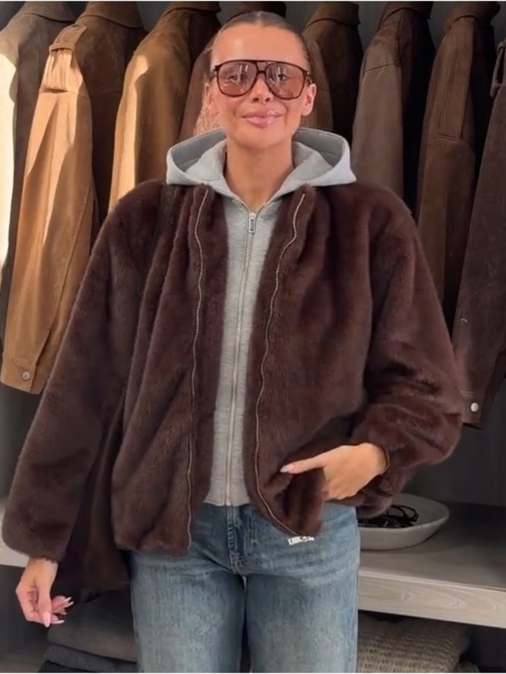 Zara new Women's Brown Faux Fur Zip-Front Jacket with detachable hood
